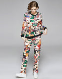 Fashion Round Neck Printed Sleeve Long Sleeve + Trousers Casual Set