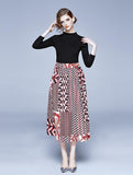 New Long Sleeve Knit Sweater + Elastic Waist Contrast Pleated Skirt