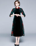 Fashion Lapel Velvet Embroidered Cropped Sleeves Long Dress