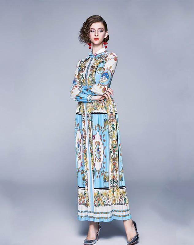 New Fashion Lapel Print Long-sleeved Slim Long Dress
