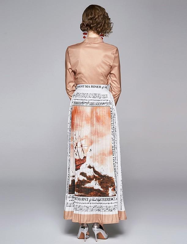 Lapel Print Long Sleeve Shirt + Long Pleated Skirt Set