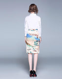 Lapel Long Sleeve Embroidered Shirt Top + Printed Hip Skirt