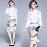 Lapel Long Sleeve Embroidered Shirt Top + Printed Hip Skirt