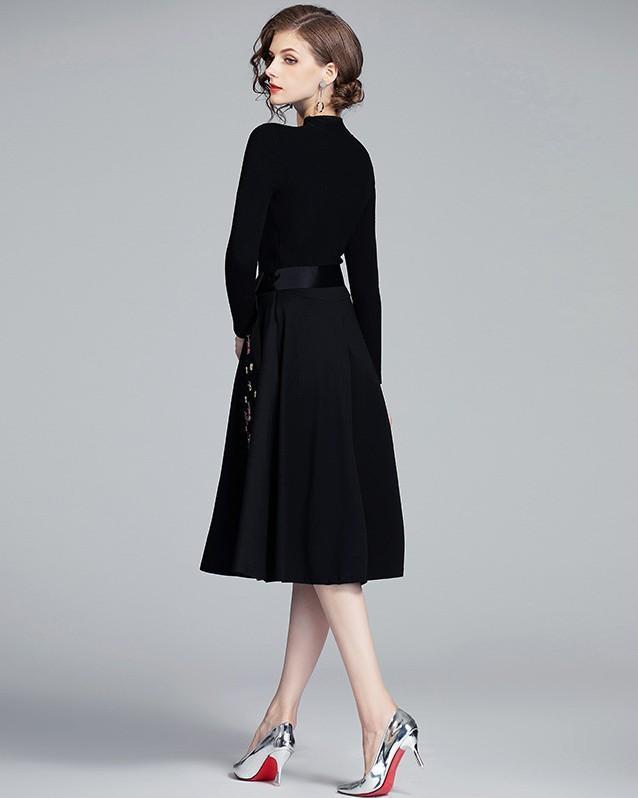 Knit Long Sleeve Stitching Embroidered Dress