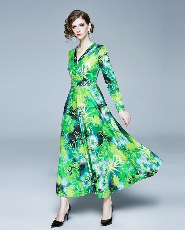 Fashion V-neck Long-sleeved Slim Print Dress