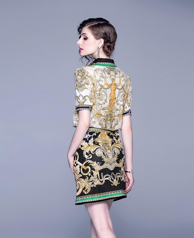 New Fashion Shirt Top + Irregular Printed Suit Skirt