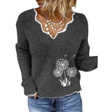 Explosion Style V-Neck Knitted Pullover Sweater Dandelion Embroidered Sweater