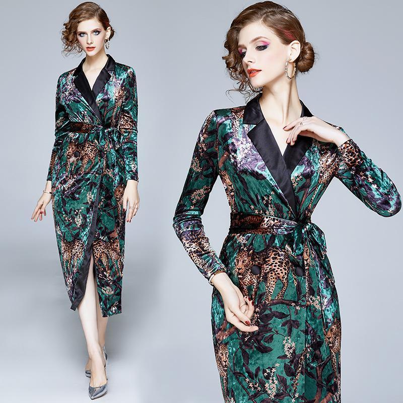 New Fashion Velvet Print Long Sleeve Lace Up Midi Dress