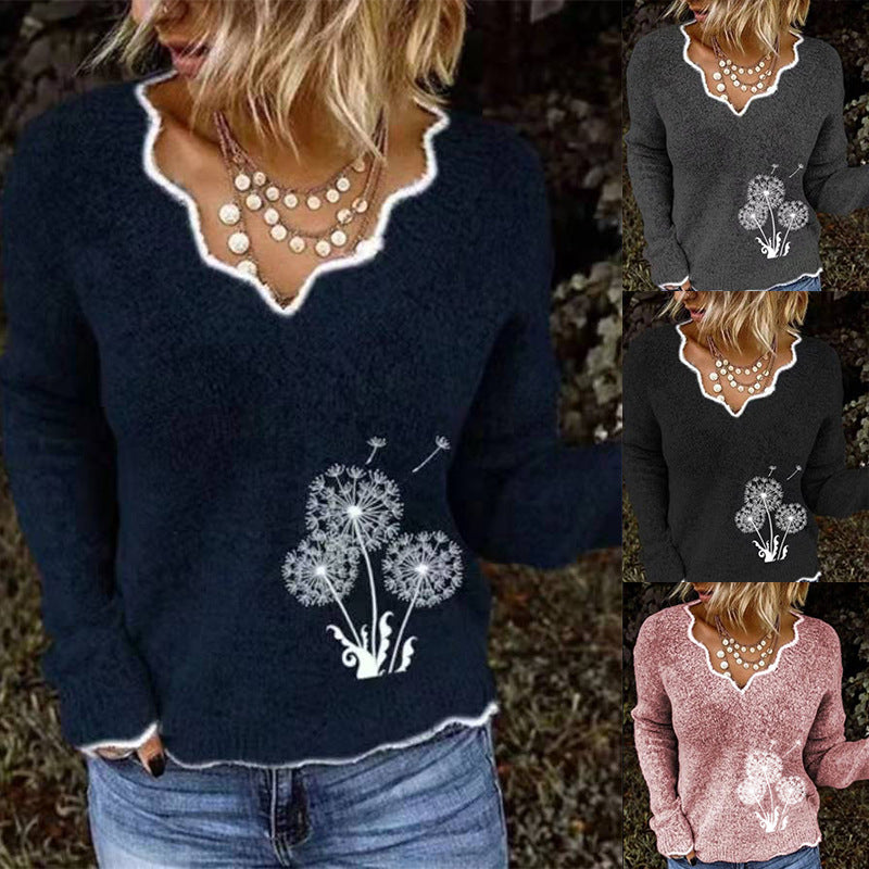 Explosion Style V-Neck Knitted Pullover Sweater Dandelion Embroidered Sweater