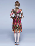 Lace Lapel Print Long Sleeve Slim Mid Pleated Dress