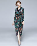 New Fashion Velvet Print Long Sleeve Lace Up Midi Dress