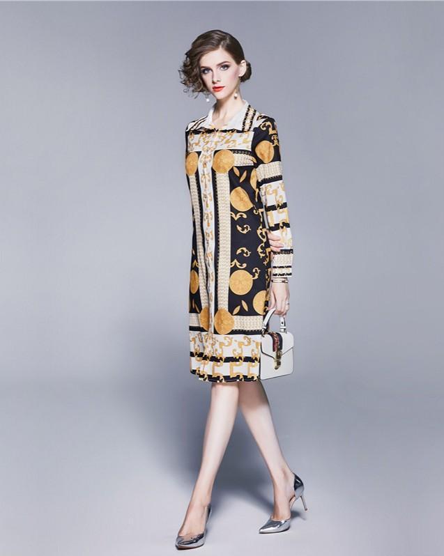 Fashion Lapel Print Long Sleeve Midi Long Dress