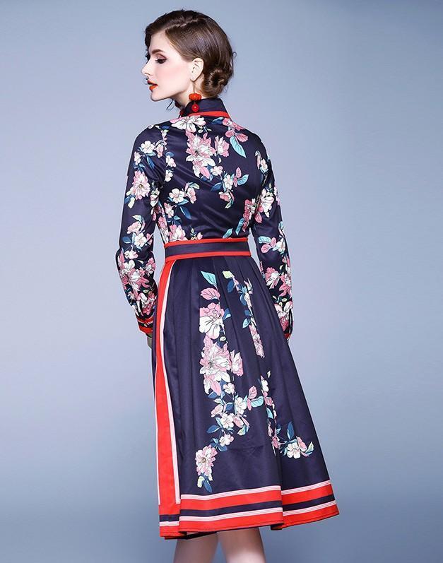 Fashion Print Lapel Long Sleeve Slim Midi Length Dress