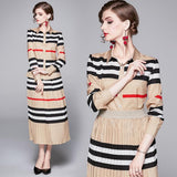 Lapel Long Sleeve Fashion Print Shirt + Pleated Skirt