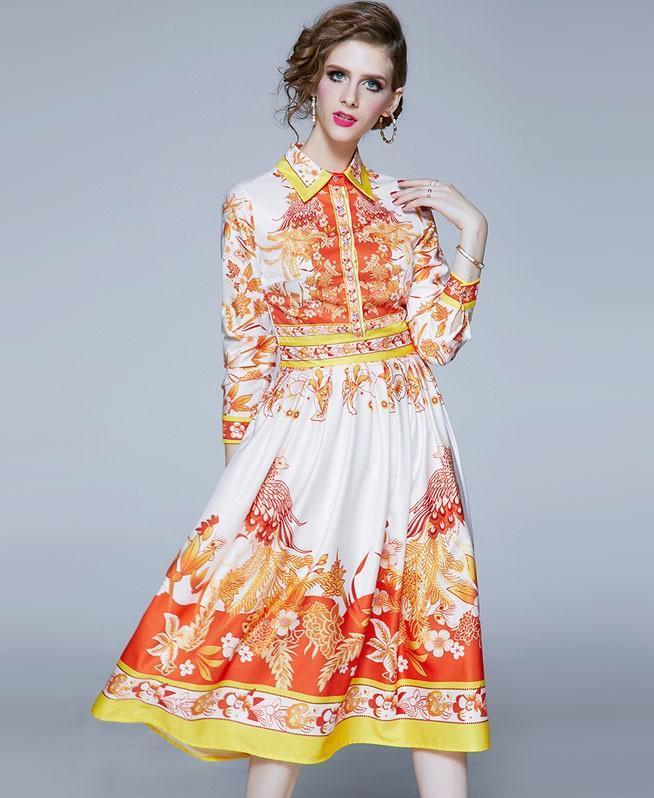 Retro Print Lapel Long Sleeve Fashion Midi Dress