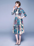 Fashion Lapel Print Long Sleeve Slim Fit Midi Dress