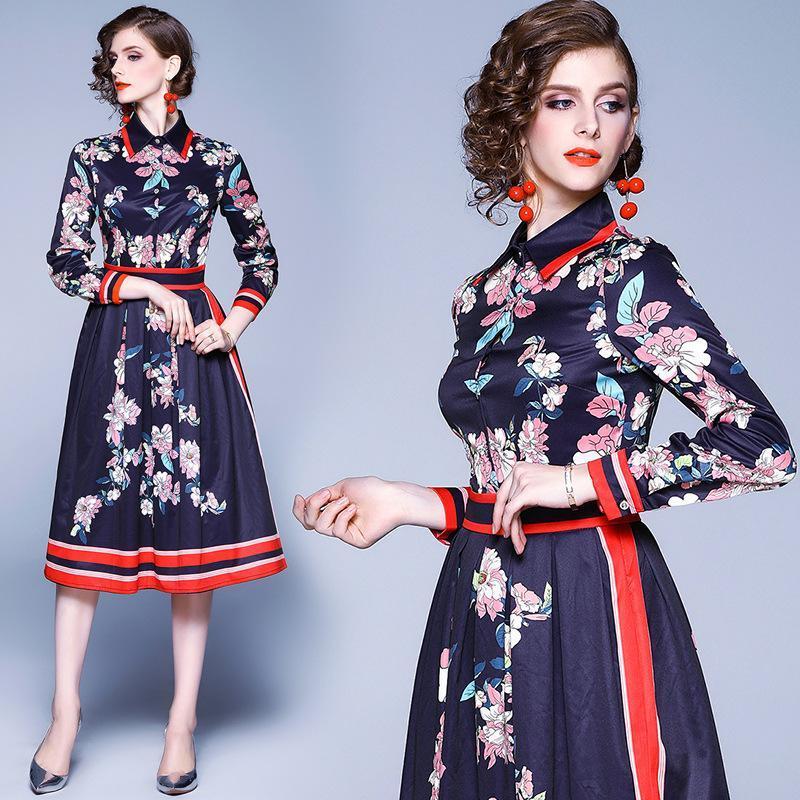 Fashion Print Lapel Long Sleeve Slim Midi Length Dress