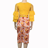 O-Neck Lace Patchwork Leaf Printed Cake Sleeve Slim Knee-Length Dress L-2XL