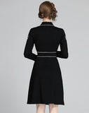 Lapel Heavy Embroidered Black Slim Fit A-Line Dress