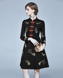 Fashion Retro Button Embroidered Long-sleeve A-line Dress