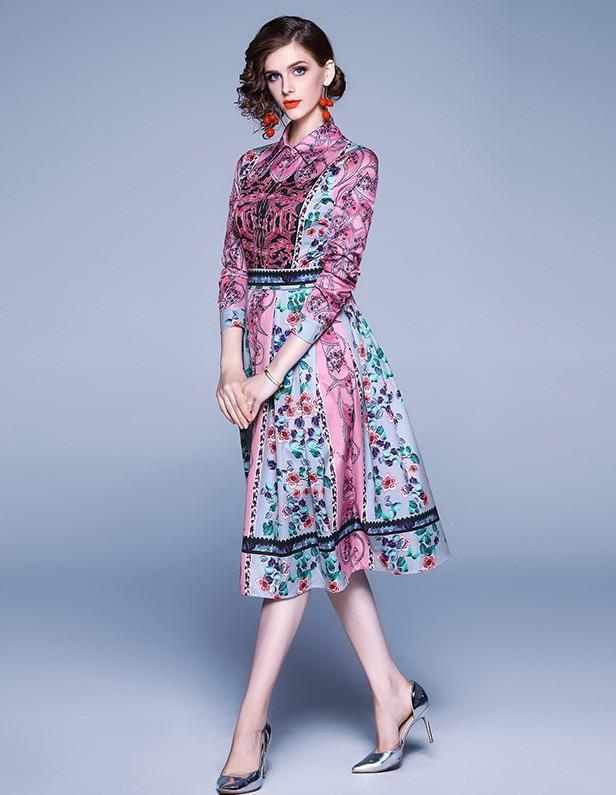 Lapel Fashion Print Long Sleeve Slim-Fit Dress