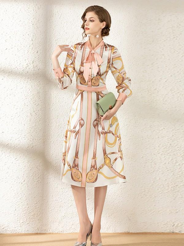 Fashion Print Slim Long Sleeve Midi Dress