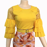 O-Neck Lace Patchwork Leaf Printed Cake Sleeve Slim Knee-Length Dress L-2XL