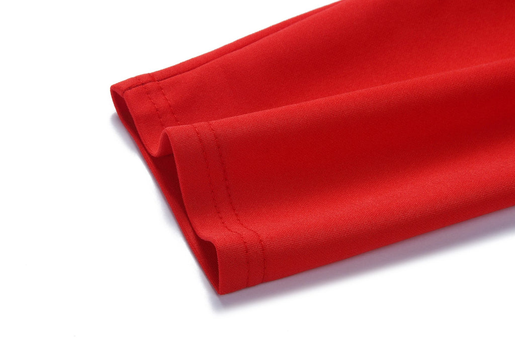 Red Long Sleeve V-neck Solid Elegant Midi Party Dress S-2XL