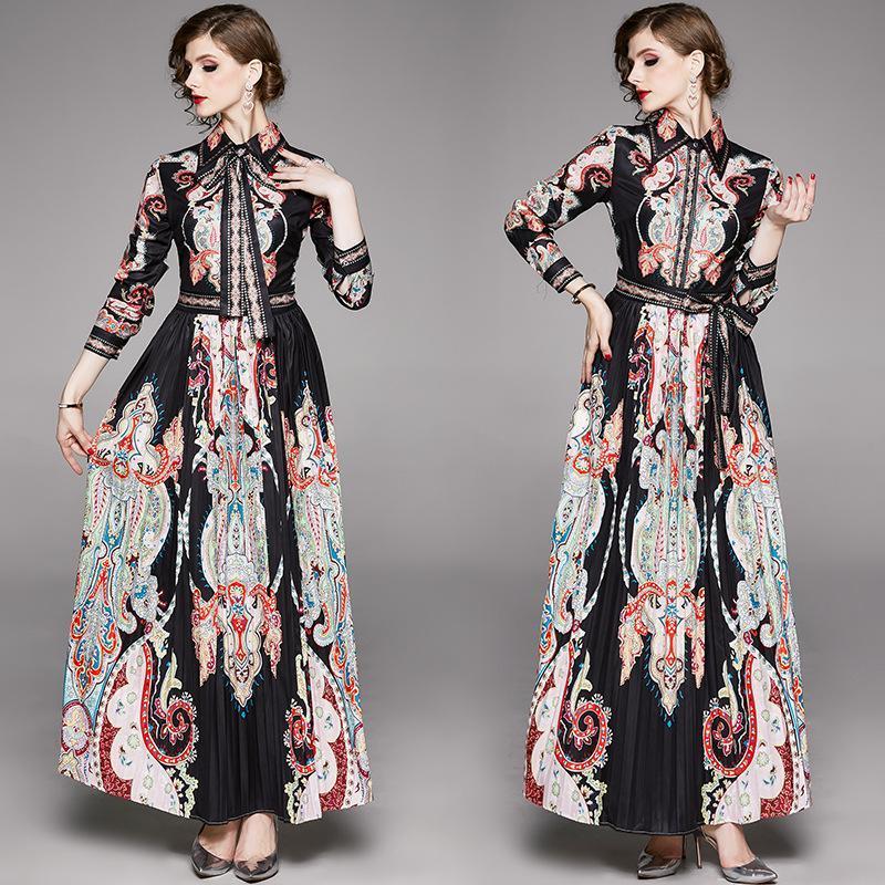 Fashion Lapel Long Sleeve Court Print Classic Dress
