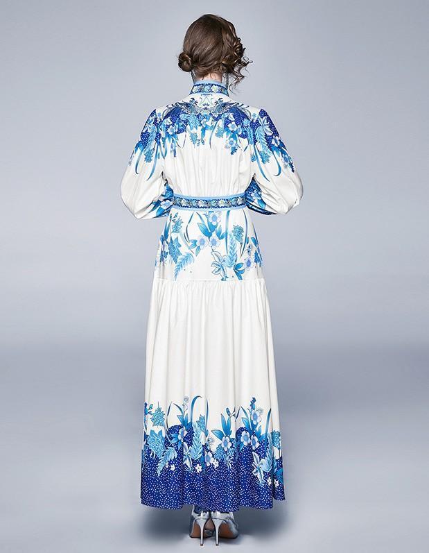 Lantern Sleeve Fashion Print Single-Breasted Dress