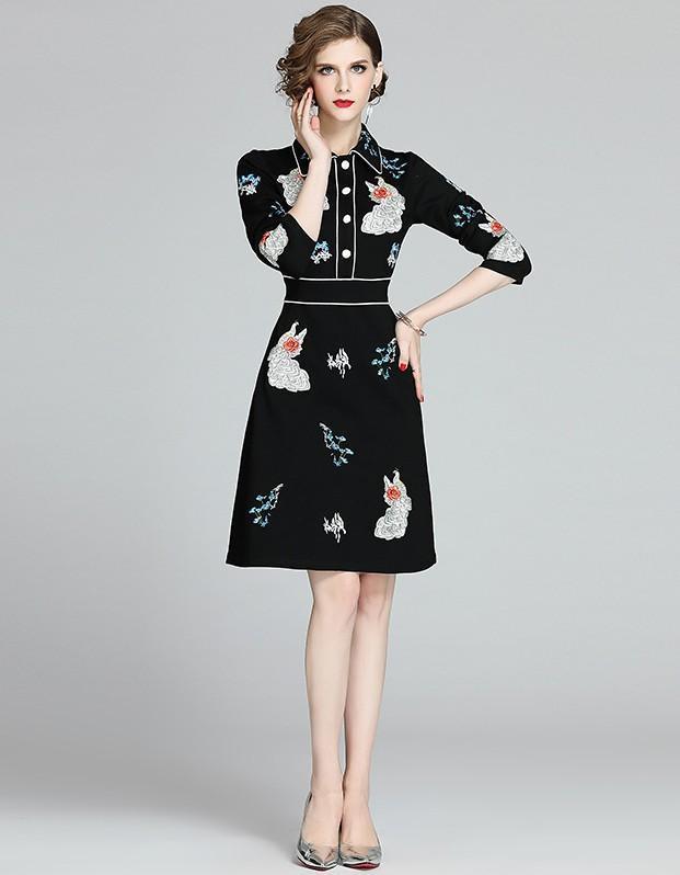 Lapel Heavy Embroidered Black Slim Fit A-Line Dress