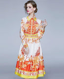 Retro Print Lapel Long Sleeve Fashion Midi Dress
