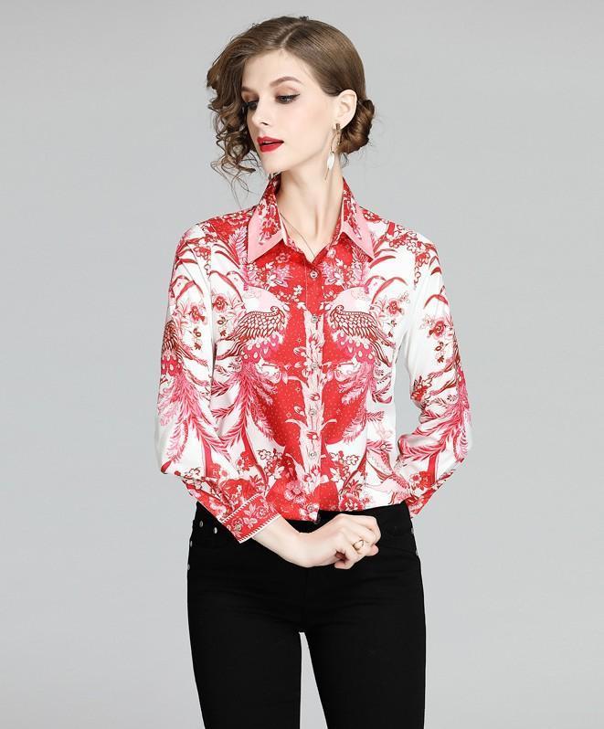 New Women's Print Slim Long Sleeve Lapel Shirt