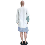 Long Sleeve Casual Striped Ruffle Button White Shirt Knee Length Shirt Dress S-XL