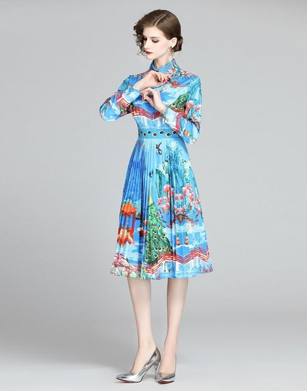 Fashion Print Lapel Long Sleeve Slim Mid Pleated Dress