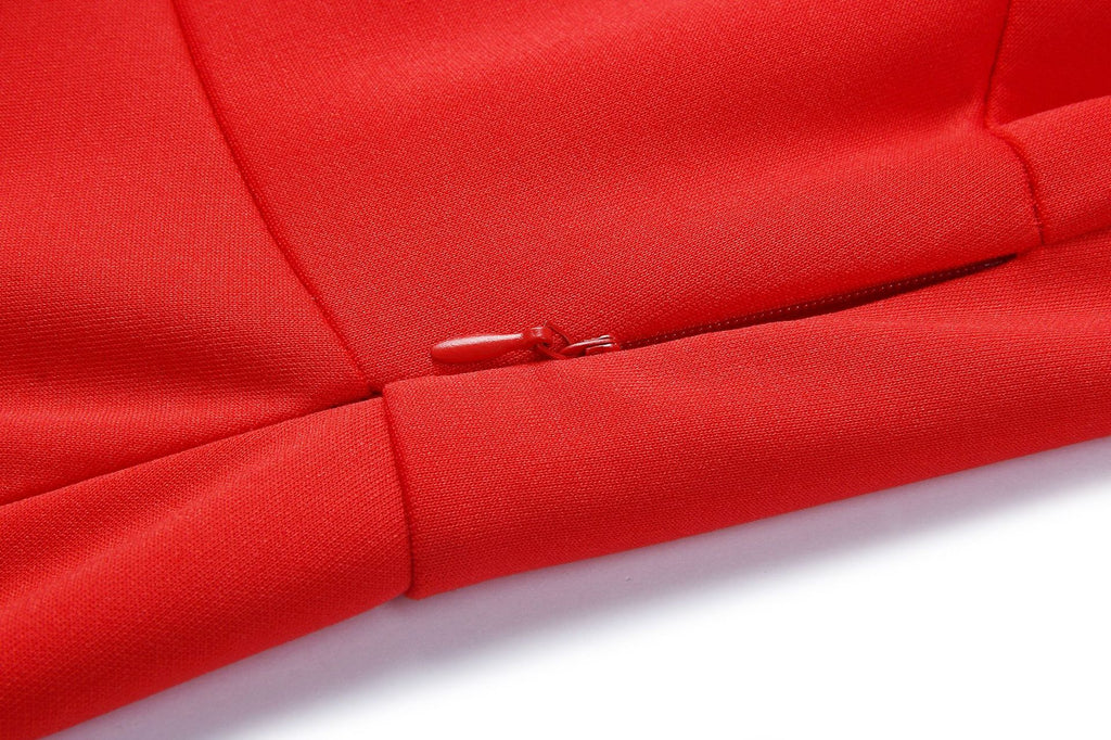 Red Long Sleeve V-neck Solid Elegant Midi Party Dress S-2XL