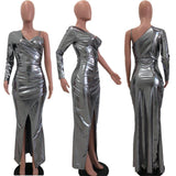Elegant Split One Shoulder Reflective Maxi Dresses S-2XL