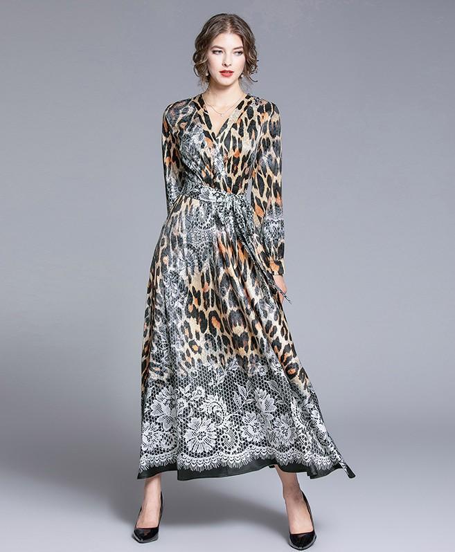 Fashion V-Neck Leopard Print Long Sleeve Dress