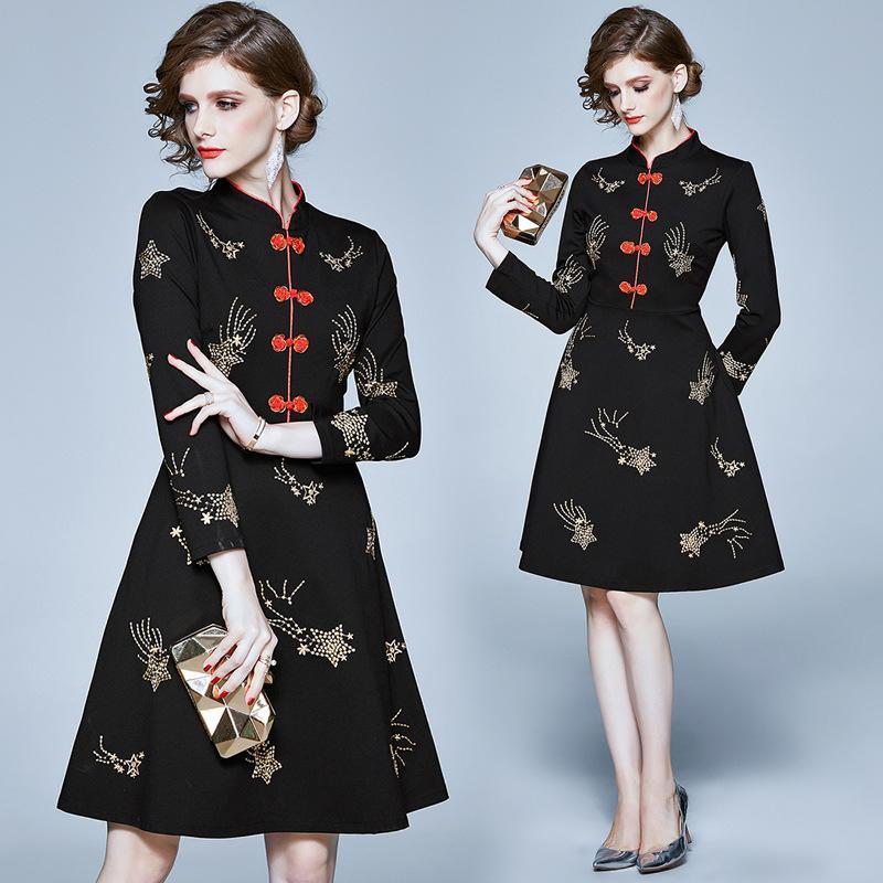 Fashion Retro Button Embroidered Long-sleeve A-line Dress