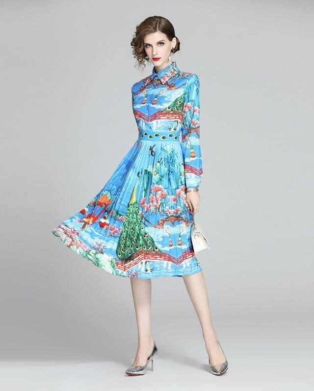 Fashion Print Lapel Long Sleeve Slim Mid Pleated Dress