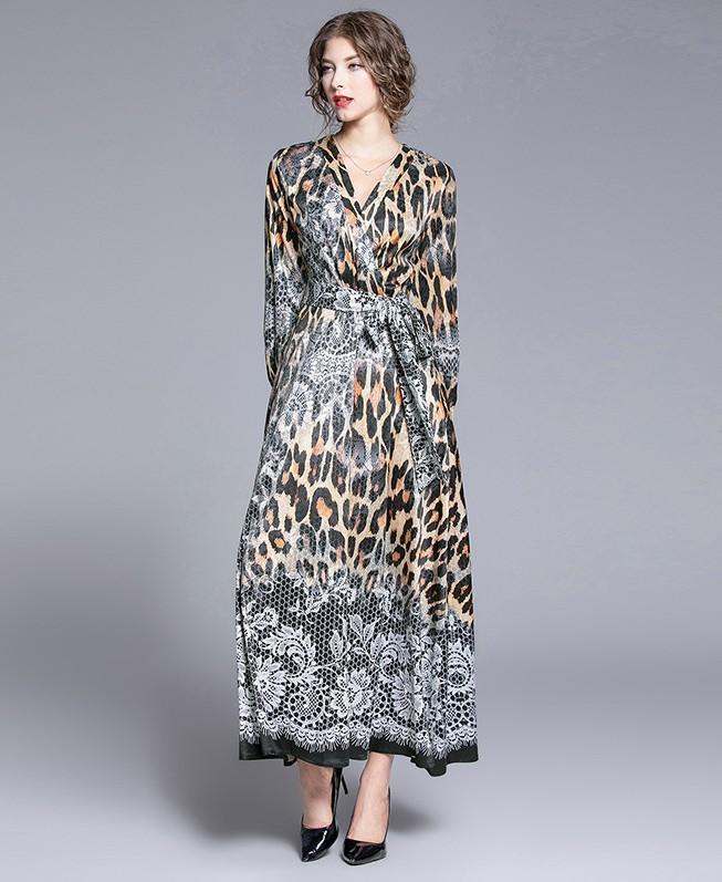 Fashion V-Neck Leopard Print Long Sleeve Dress