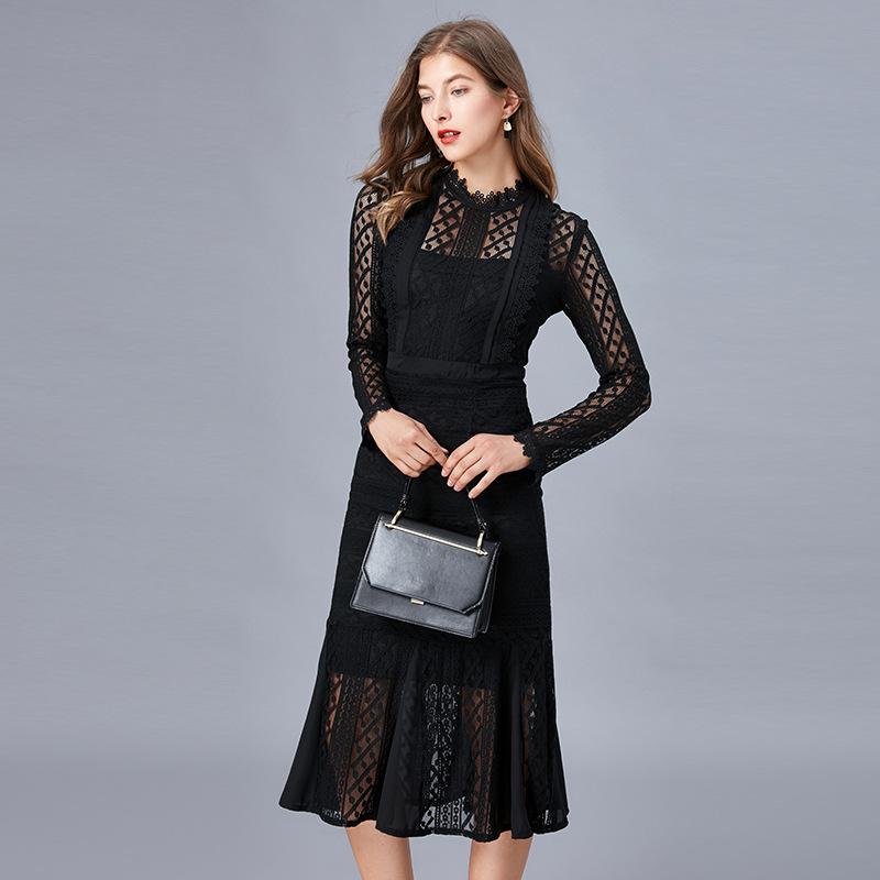 New Plus Size Lace Long Sleeve Fishtail Midi Dress