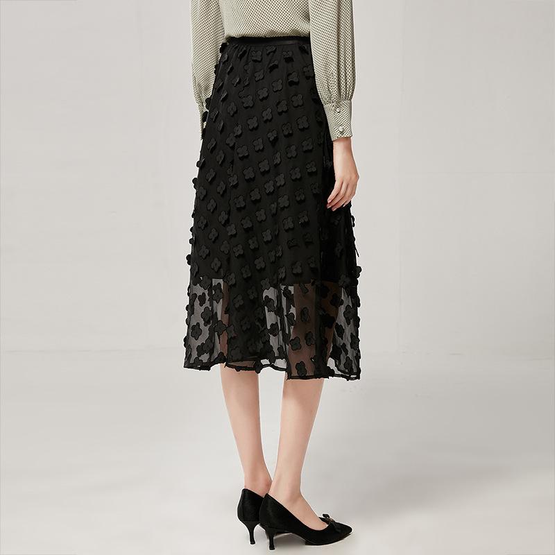 3D Floral Black Midi Skirt