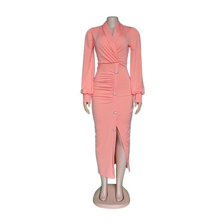 Chic V Neck Pink Ruched Bodycon Elegant Long Sleeve Dress M-XL