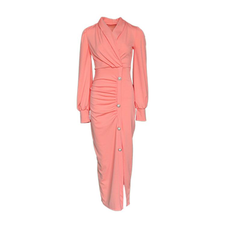 Chic V Neck Pink Ruched Bodycon Elegant Long Sleeve Dress M-XL