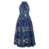 Blue Printed Halter Sleeveless Elegant Vintage Zipper Party Dress S-XL