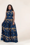 Blue Printed Halter Sleeveless Elegant Vintage Zipper Party Dress S-XL