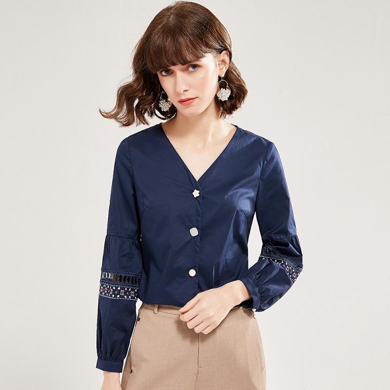 V-neck Panel Cutout Embroidered Long-sleeved Cotton Shirt