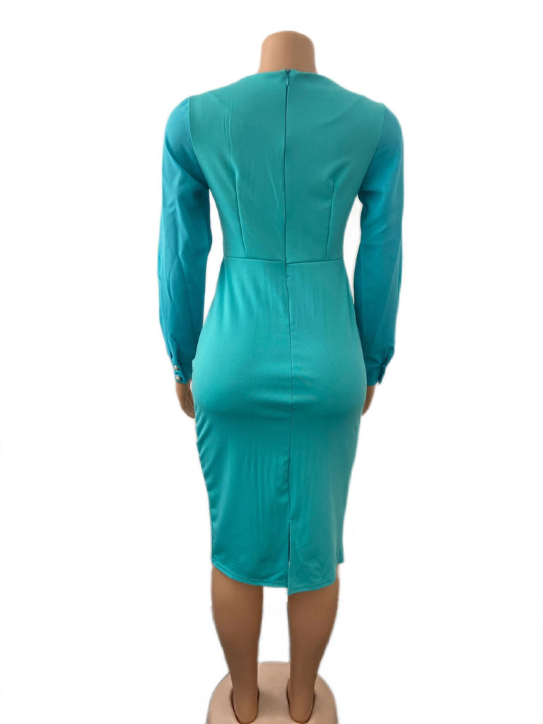Deep V Neck Long Sleeve Plus Size Midi Dress