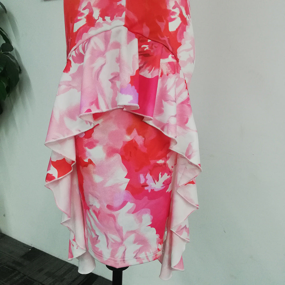 Round Neck Floral Print Slim Midi Dress M-2XL